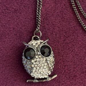 Vintage 1960s Silver Blinged Out Owl Pendant Necklace